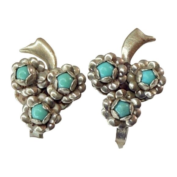 VTG Mexico Blue Turquoise Flower Earrings 7/8" 925 Sterling Silver Grapes - Picture 1 of 16